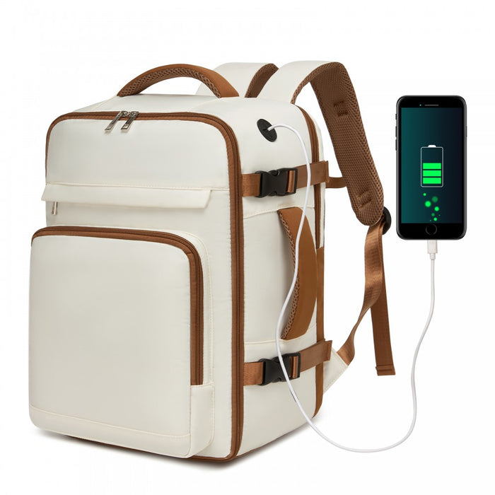 BPK2601- Kono Cabin Travel Backpack 40×20×30 cm – Water-Resistant, Multi-Compartment, Padded Laptop, Anti-Theft, Carry-On Tote - Beige and Brown