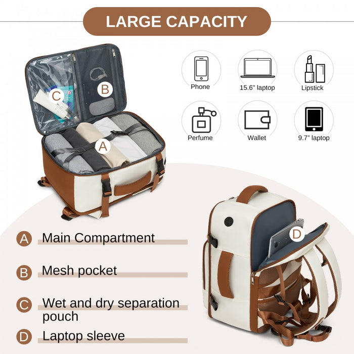 BPK2601- Kono Cabin Travel Backpack 40×20×30 cm – Water-Resistant, Multi-Compartment, Padded Laptop, Anti-Theft, Carry-On Tote - Beige and Brown