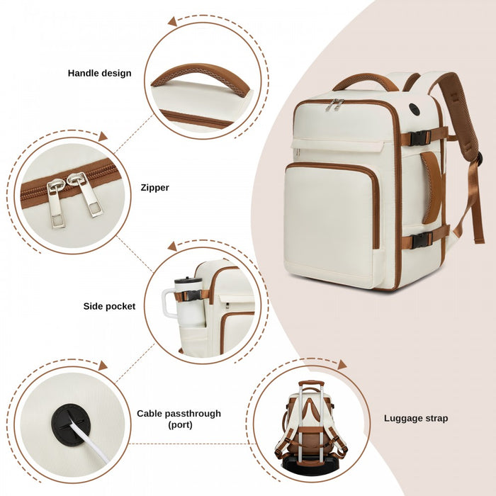 BPK2601- Kono Cabin Travel Backpack 40×20×30 cm – Water-Resistant, Multi-Compartment, Padded Laptop, Anti-Theft, Carry-On Tote - Beige and Brown
