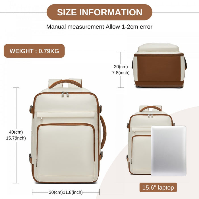 BPK2601- Kono Cabin Travel Backpack 40×20×30 cm – Water-Resistant, Multi-Compartment, Padded Laptop, Anti-Theft, Carry-On Tote - Beige and Brown