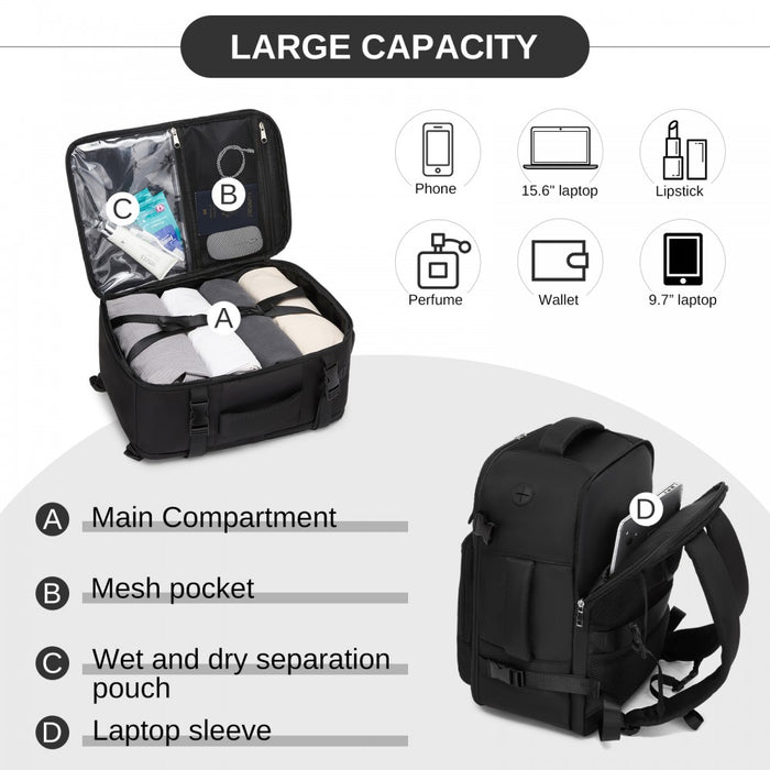 BPK2601- Kono Cabin Travel Backpack 40×20×30 cm – Water-Resistant, Multi-Compartment, Padded Laptop, Anti-Theft, Carry-On Tote - Black