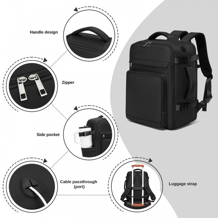 BPK2601- Kono Cabin Travel Backpack 40×20×30 cm – Water-Resistant, Multi-Compartment, Padded Laptop, Anti-Theft, Carry-On Tote - Black