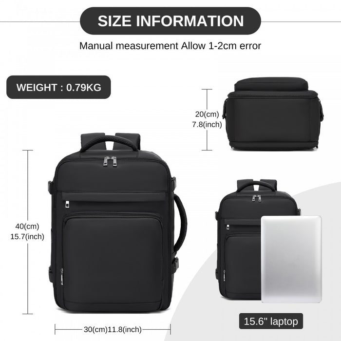 BPK2601- Kono Cabin Travel Backpack 40×20×30 cm – Water-Resistant, Multi-Compartment, Padded Laptop, Anti-Theft, Carry-On Tote - Black