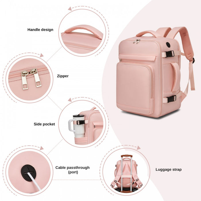 BPK2601- Kono Cabin Travel Backpack 40×20×30 cm – Water-Resistant, Multi-Compartment, Padded Laptop, Anti-Theft, Carry-On Tote - Pink