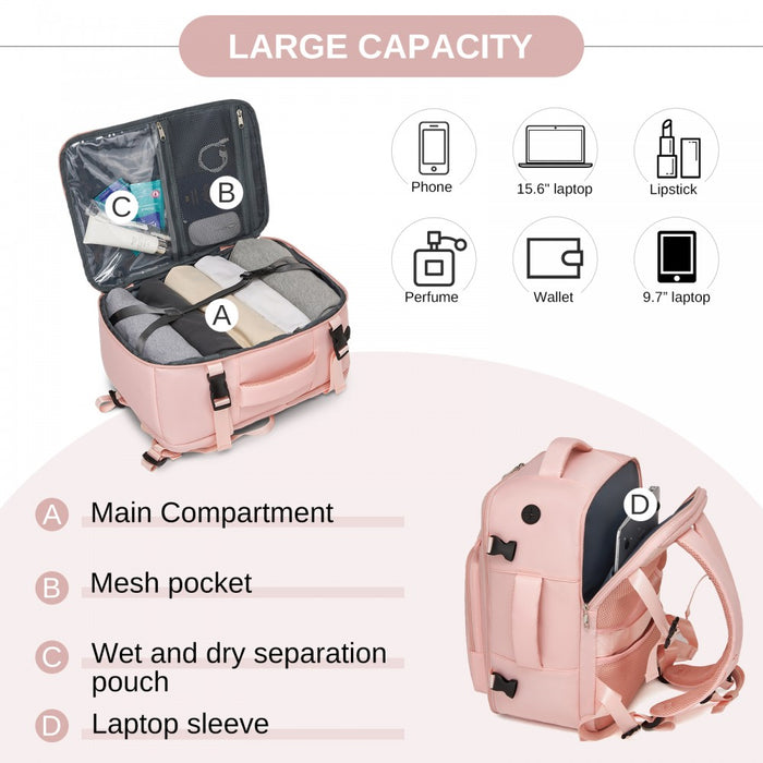BPK2601- Kono Cabin Travel Backpack 40×20×30 cm – Water-Resistant, Multi-Compartment, Padded Laptop, Anti-Theft, Carry-On Tote - Pink