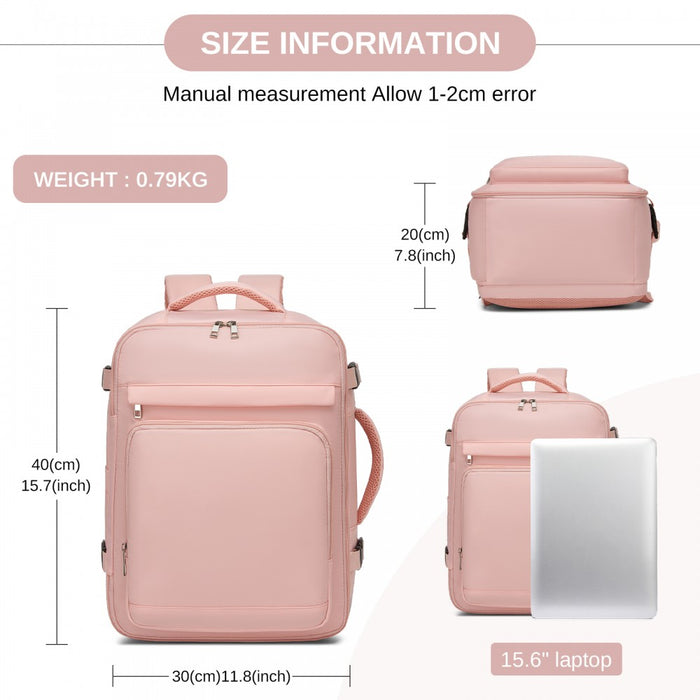 BPK2601- Kono Cabin Travel Backpack 40×20×30 cm – Water-Resistant, Multi-Compartment, Padded Laptop, Anti-Theft, Carry-On Tote - Pink