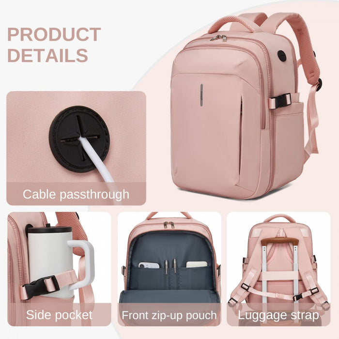 BPK2602- Kono Cabin Approved Carry On Backpack 40×30×20cm, Water Resistant 15.6 Inch Laptop Travel Rucksack with Dry-wet Separation Pouch - Pink