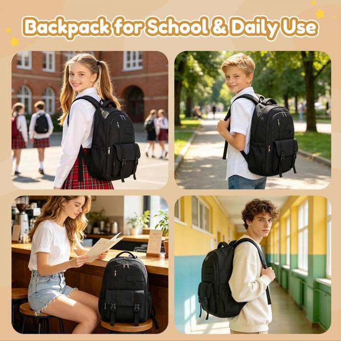 BPK2605 - KONO Durable Water-Resistant Kids Backpack with Padded Laptop Sleeve and Multi-Pocket Organization for School - Black
