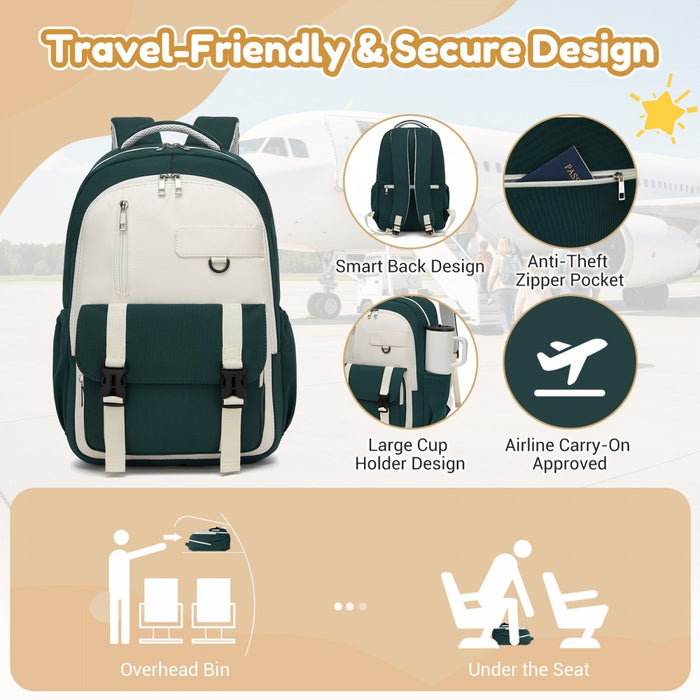 BPK2605 - KONO Durable Water-Resistant Kids Backpack with Padded Laptop Sleeve and Multi-Pocket Organization for School - Green and Beige
