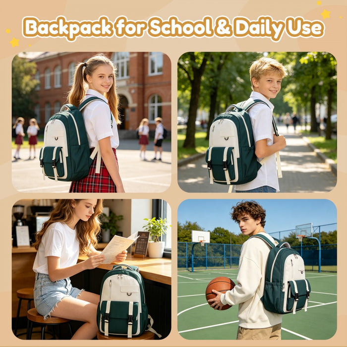 BPK2605 - KONO Durable Water-Resistant Kids Backpack with Padded Laptop Sleeve and Multi-Pocket Organization for School - Green and Beige