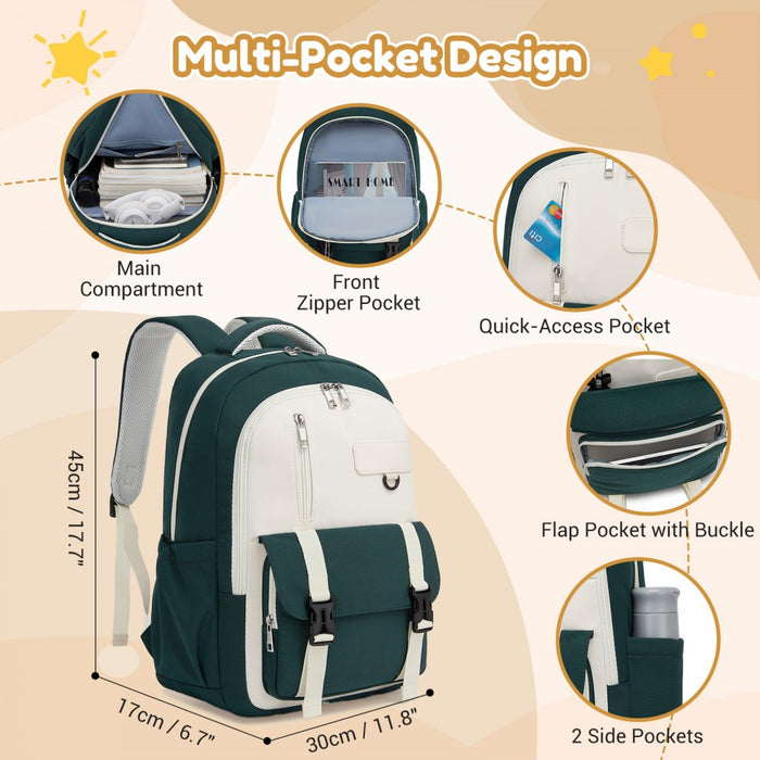 BPK2605 - KONO Durable Water-Resistant Kids Backpack with Padded Laptop Sleeve and Multi-Pocket Organization for School - Green and Beige
