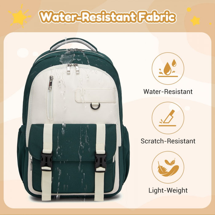 BPK2605 - KONO Durable Water-Resistant Kids Backpack with Padded Laptop Sleeve and Multi-Pocket Organization for School - Green and Beige