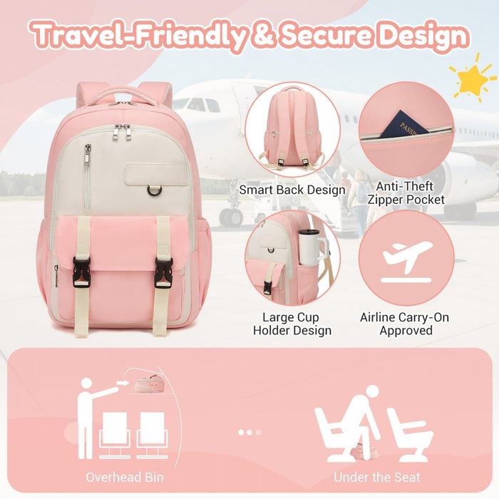 BPK2605 - KONO Durable Water-Resistant Kids Backpack with Padded Laptop Sleeve and Multi-Pocket Organization for School - Pink and Beige