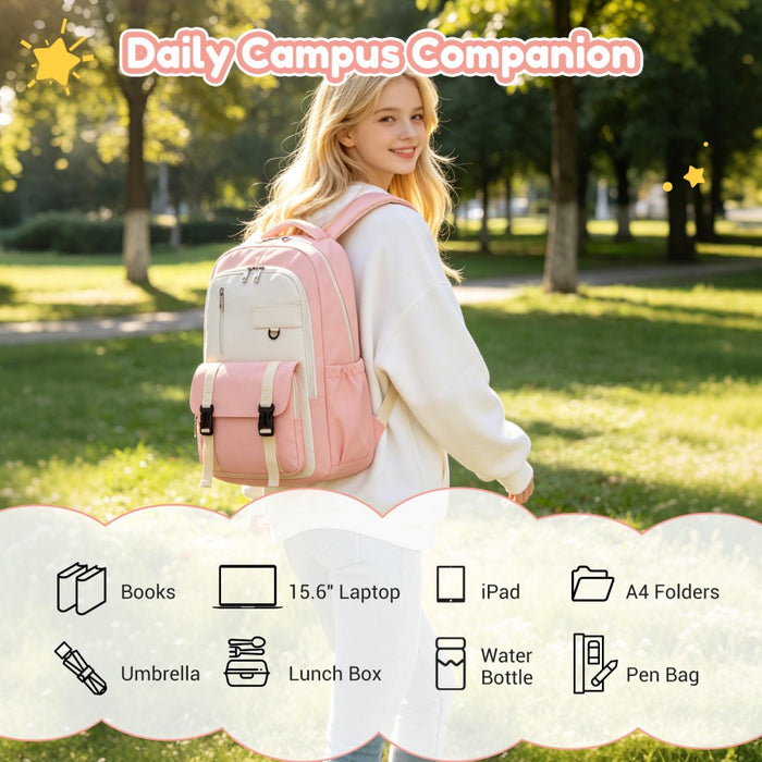 BPK2605 - KONO Durable Water-Resistant Kids Backpack with Padded Laptop Sleeve and Multi-Pocket Organization for School - Pink and Beige