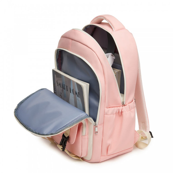BPK2605 - KONO Durable Water-Resistant Kids Backpack with Padded Laptop Sleeve and Multi-Pocket Organization for School - Pink and Beige