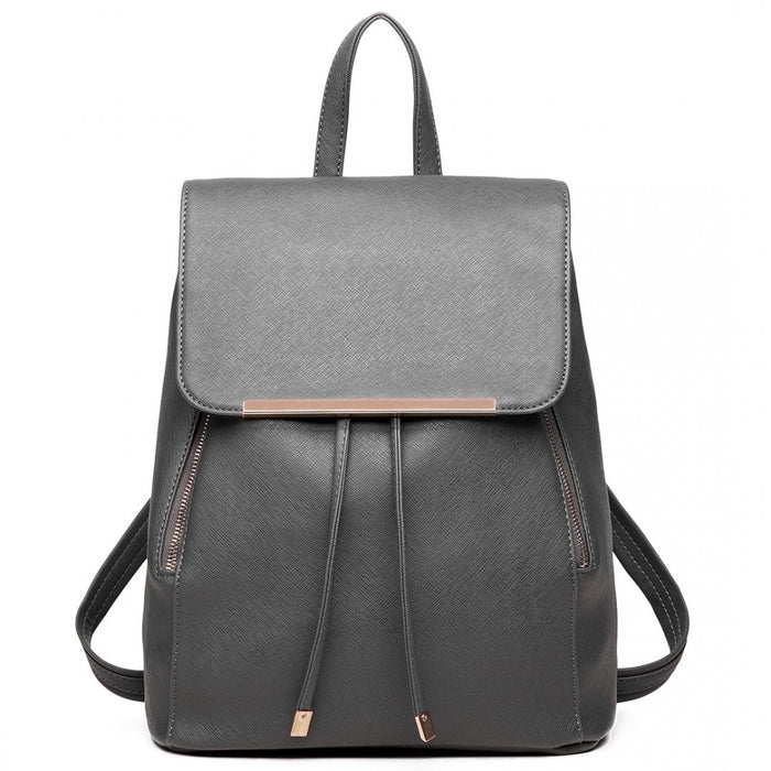 BPM2427 - Miss Lulu Stylish Faux Leather Backpack Secure Daypack with Magnetic Snap Closure Fashionable PU Leather Travel Bag - Grey