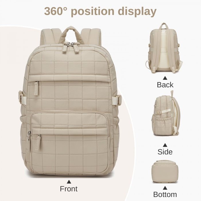 BPM2609 - Miss Lulu Quilted Lightweight Backpack, Fits 15.6 Inch Notebook, Cabin Approved Underseat Carry On Bag - Beige