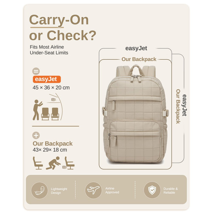 BPM2609 - Miss Lulu Quilted Lightweight Backpack, Fits 15.6 Inch Notebook, Cabin Approved Underseat Carry On Bag - Beige