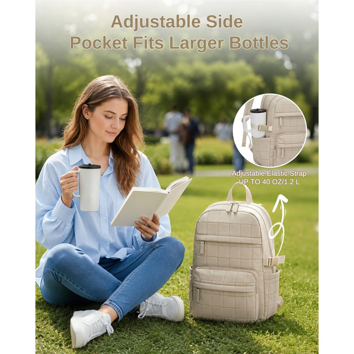 BPM2609 - Miss Lulu Quilted Lightweight Backpack, Fits 15.6 Inch Notebook, Cabin Approved Underseat Carry On Bag - Beige