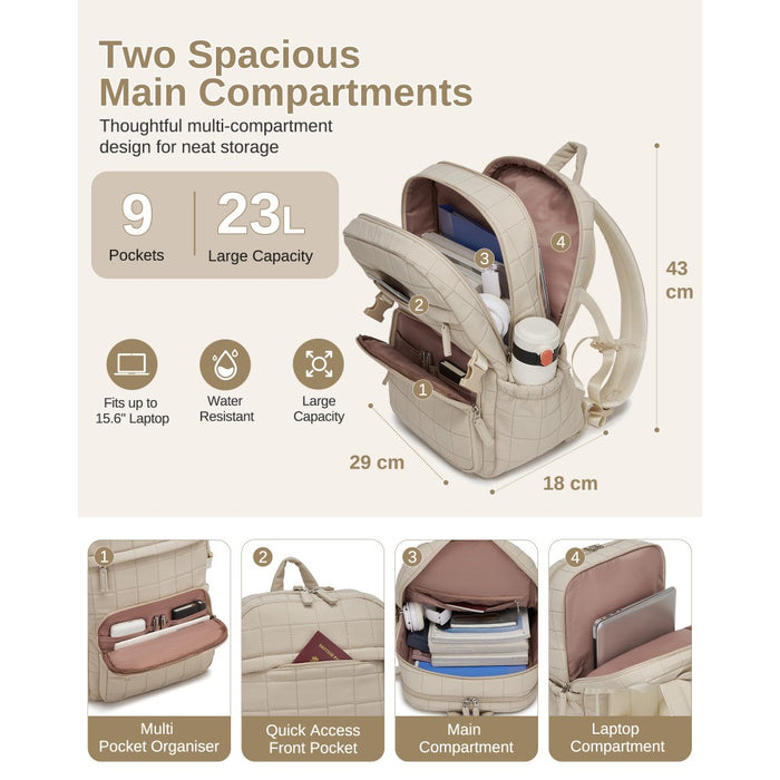 BPM2609 - Miss Lulu Quilted Lightweight Backpack, Fits 15.6 Inch Notebook, Cabin Approved Underseat Carry On Bag - Beige