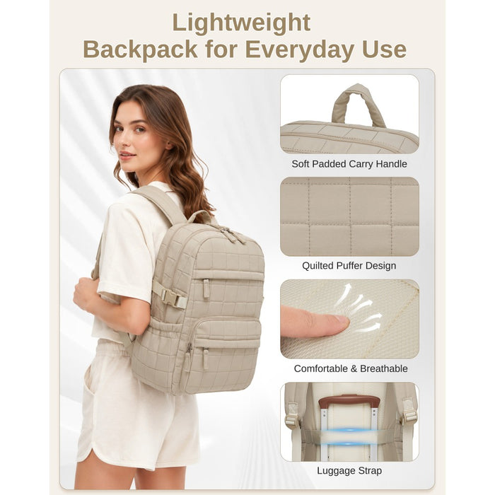 BPM2609 - Miss Lulu Quilted Lightweight Backpack, Fits 15.6 Inch Notebook, Cabin Approved Underseat Carry On Bag - Beige