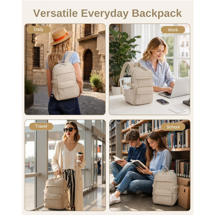 BPM2609 - Miss Lulu Quilted Lightweight Backpack, Fits 15.6 Inch Notebook, Cabin Approved Underseat Carry On Bag - Beige