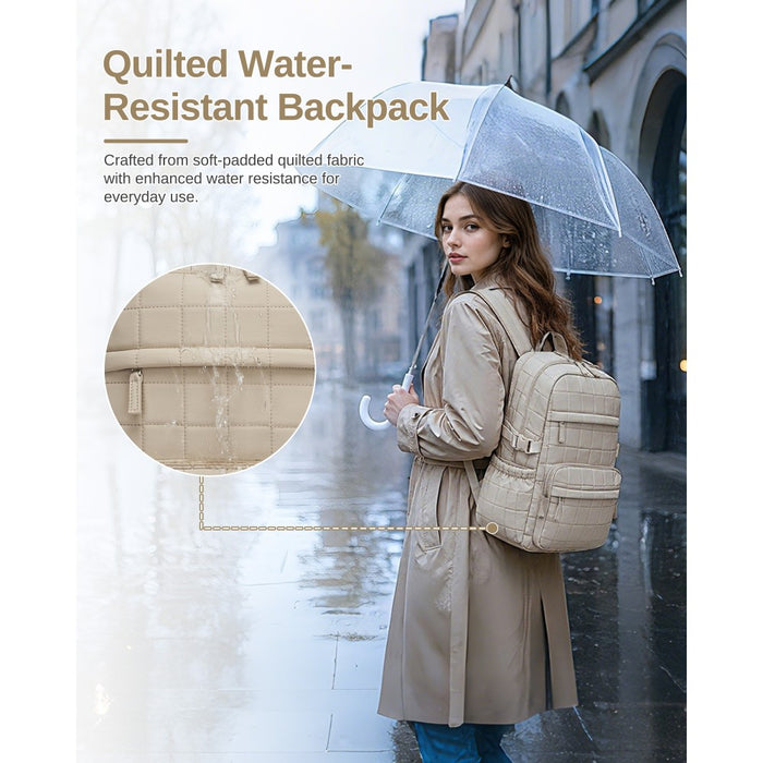 BPM2609 - Miss Lulu Quilted Lightweight Backpack, Fits 15.6 Inch Notebook, Cabin Approved Underseat Carry On Bag - Beige