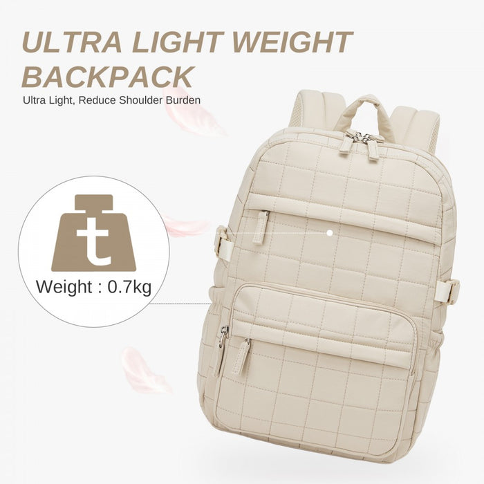 BPM2609 - Miss Lulu Quilted Lightweight Backpack, Fits 15.6 Inch Notebook, Cabin Approved Underseat Carry On Bag - Beige