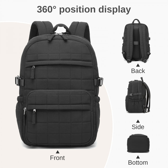 BPM2609 - Miss Lulu Quilted Lightweight Backpack, Fits 15.6 Inch Notebook, Cabin Approved Underseat Carry On Bag - Black