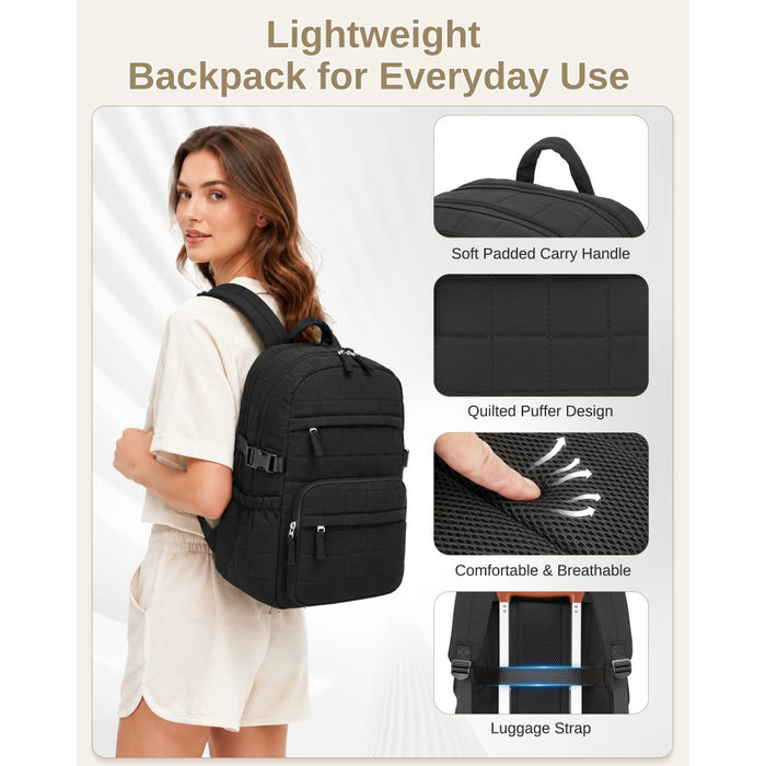 BPM2609 - Miss Lulu Quilted Lightweight Backpack, Fits 15.6 Inch Notebook, Cabin Approved Underseat Carry On Bag - Black