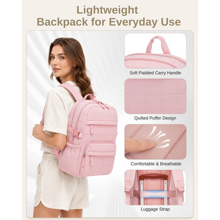 BPM2609 - Miss Lulu Quilted Lightweight Backpack, Fits 15.6 Inch Notebook, Cabin Approved Underseat Carry On Bag - Pink