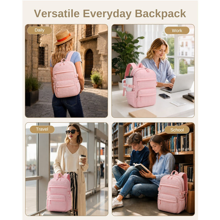 BPM2609 - Miss Lulu Quilted Lightweight Backpack, Fits 15.6 Inch Notebook, Cabin Approved Underseat Carry On Bag - Pink