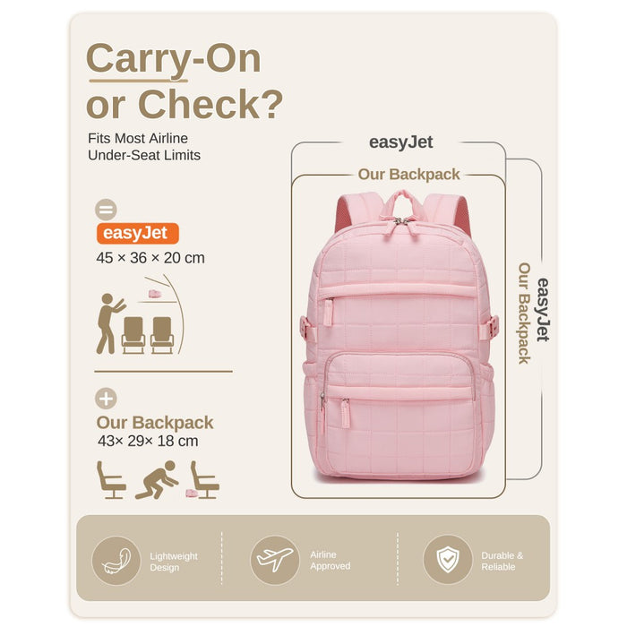 BPM2609 - Miss Lulu Quilted Lightweight Backpack, Fits 15.6 Inch Notebook, Cabin Approved Underseat Carry On Bag - Pink