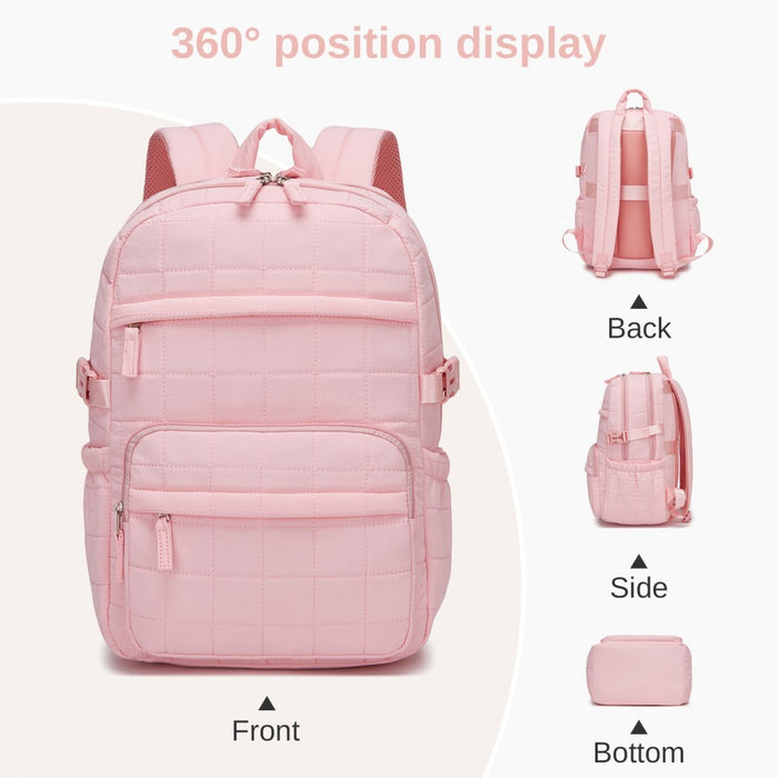 BPM2609 - Miss Lulu Quilted Lightweight Backpack, Fits 15.6 Inch Notebook, Cabin Approved Underseat Carry On Bag - Pink
