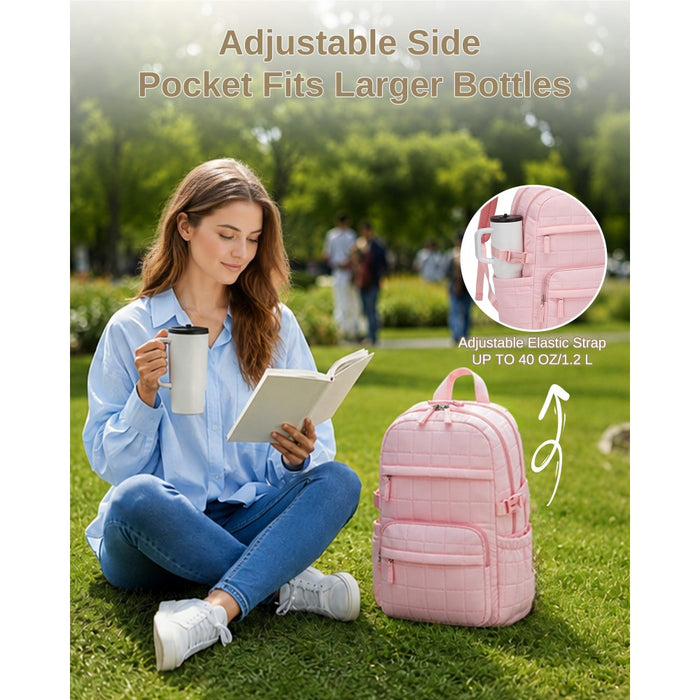 BPM2609 - Miss Lulu Quilted Lightweight Backpack, Fits 15.6 Inch Notebook, Cabin Approved Underseat Carry On Bag - Pink