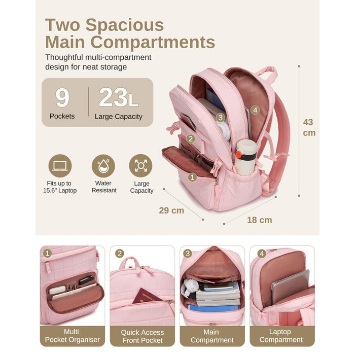 BPM2609 - Miss Lulu Quilted Lightweight Backpack, Fits 15.6 Inch Notebook, Cabin Approved Underseat Carry On Bag - Pink