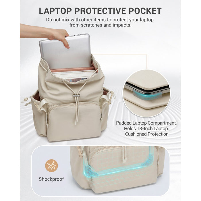 BPM2610 - Miss Lulu Lightweight Nylon Drawstring Backpack – Casual Daily Rucksack with 13 Inch Laptop Sleeve for Travel & Commute - Beige