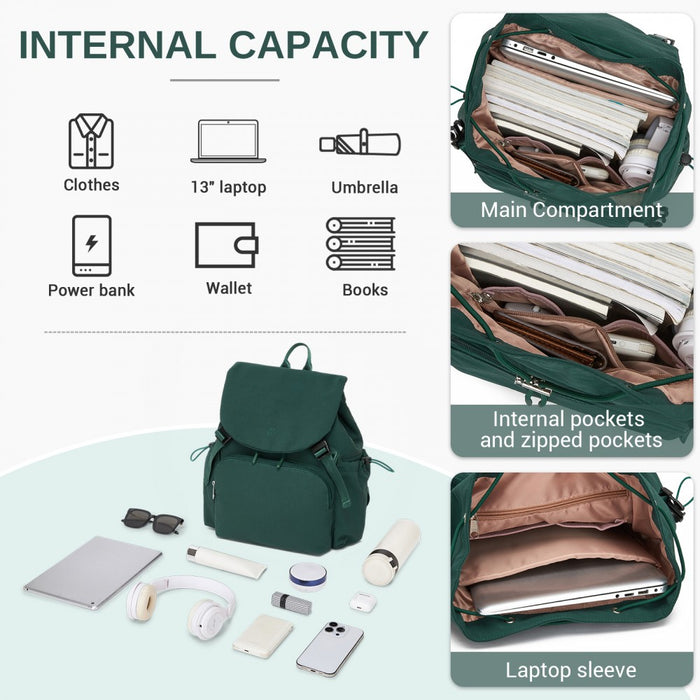 BPM2610 - Miss Lulu Lightweight Nylon Drawstring Backpack – Casual Daily Rucksack with 13 Inch Laptop Sleeve for Travel & Commute - Green