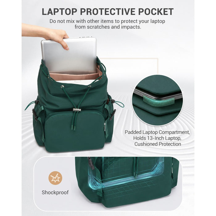 BPM2610 - Miss Lulu Lightweight Nylon Drawstring Backpack – Casual Daily Rucksack with 13 Inch Laptop Sleeve for Travel & Commute - Green
