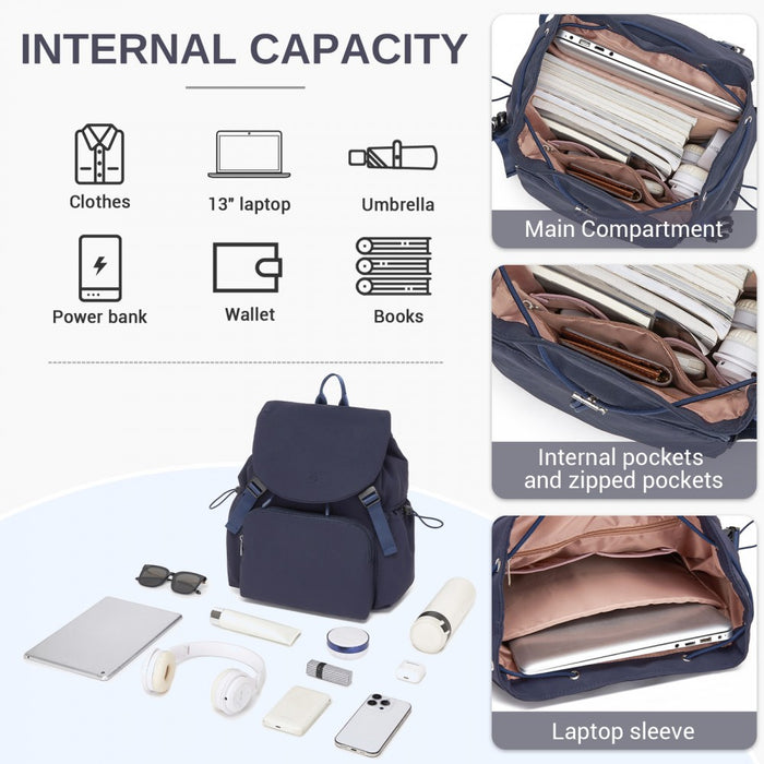 BPM2610 - Miss Lulu Lightweight Nylon Drawstring Backpack – Casual Daily Rucksack with 13 Inch Laptop Sleeve for Travel & Commute - Navy