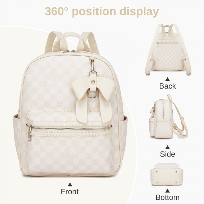 BPM2614 - Miss Lulu Checked PVC Backpack with Detachable Bow, Casual Women’s Daypack for School, Travel & Daily Use - Beige