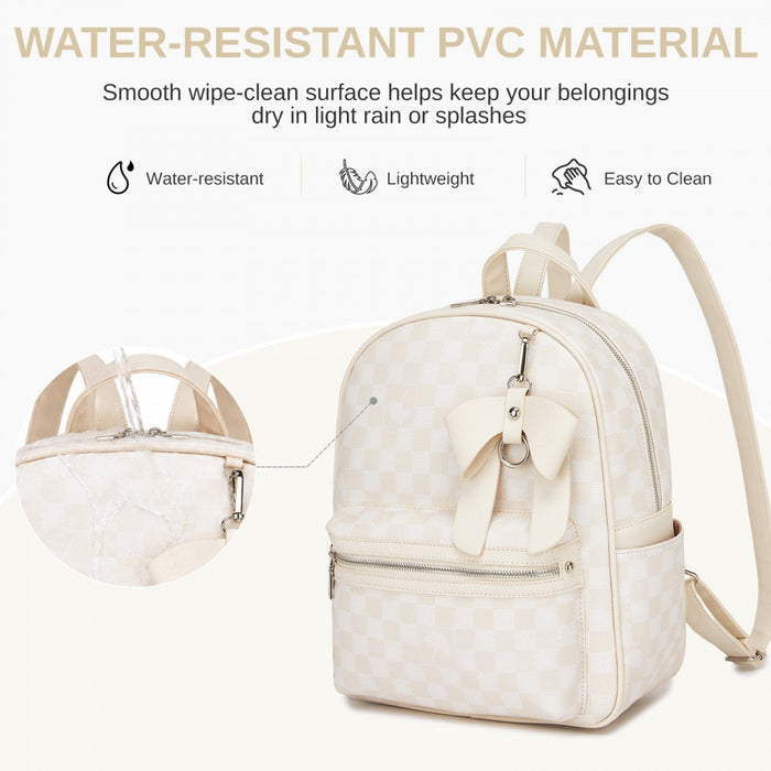BPM2614 - Miss Lulu Checked PVC Backpack with Detachable Bow, Casual Women’s Daypack for School, Travel & Daily Use - Beige