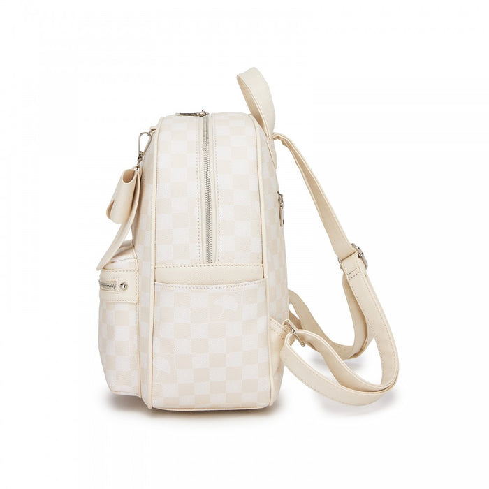 BPM2614 - Miss Lulu Checked PVC Backpack with Detachable Bow, Casual Women’s Daypack for School, Travel & Daily Use - Beige