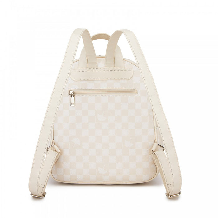 BPM2614 - Miss Lulu Checked PVC Backpack with Detachable Bow, Casual Women’s Daypack for School, Travel & Daily Use - Beige