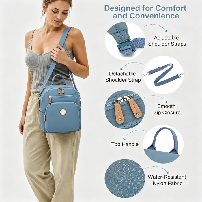 BPM2617 - Miss Lulu Women's Backpack, Water-Resistant Nylon Convertible Shoulder and Crossbody Bag for Travel Work - Blue