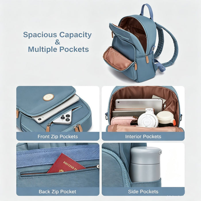 BPM2617 - Miss Lulu Women's Backpack, Water-Resistant Nylon Convertible Shoulder and Crossbody Bag for Travel Work - Blue