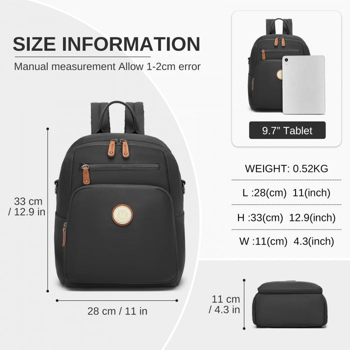 BPM2617 - Miss Lulu Women's Backpack, Water-Resistant Nylon Convertible Shoulder and Crossbody Bag for Travel Work - Black