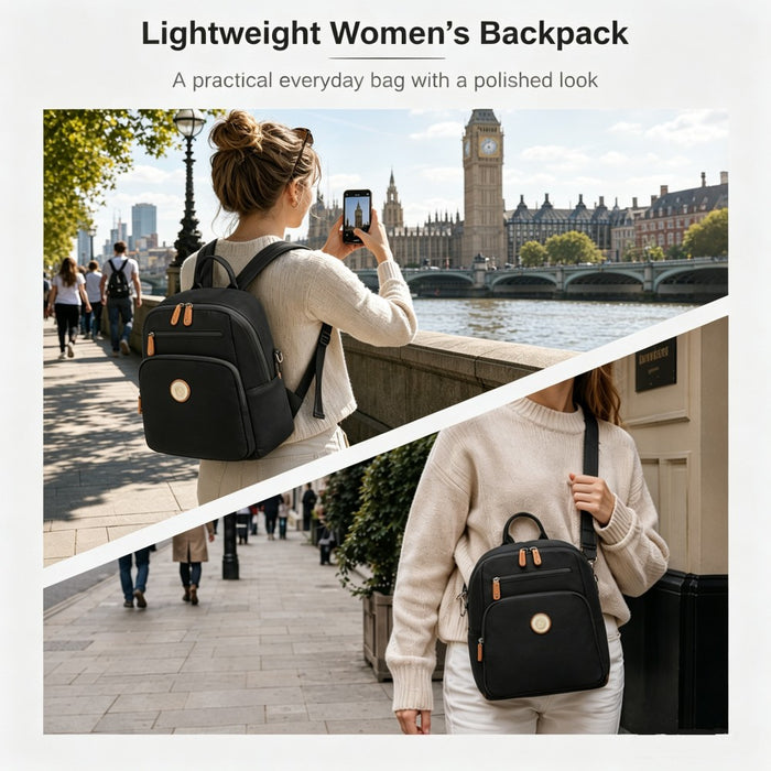 BPM2617 - Miss Lulu Women's Backpack, Water-Resistant Nylon Convertible Shoulder and Crossbody Bag for Travel Work - Black