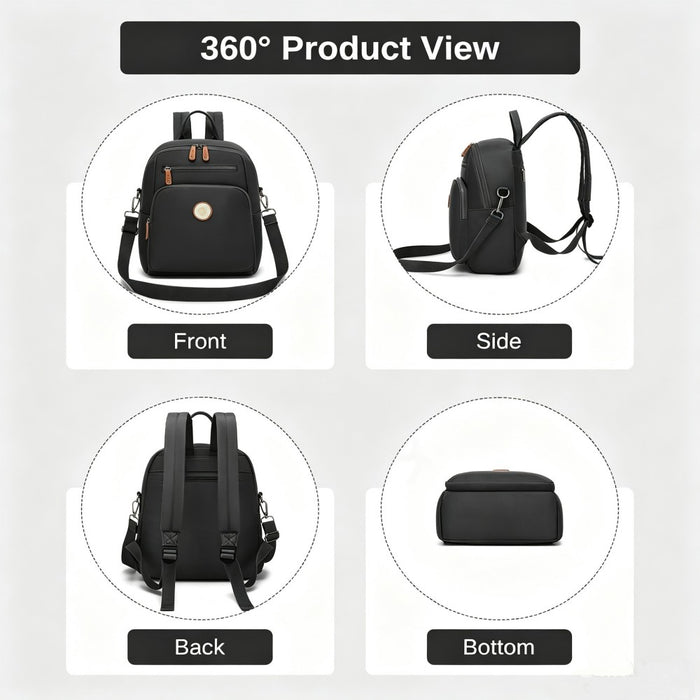 BPM2617 - Miss Lulu Women's Backpack, Water-Resistant Nylon Convertible Shoulder and Crossbody Bag for Travel Work - Black