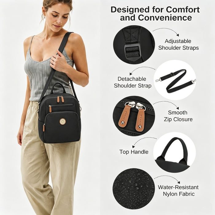 BPM2617 - Miss Lulu Women's Backpack, Water-Resistant Nylon Convertible Shoulder and Crossbody Bag for Travel Work - Black